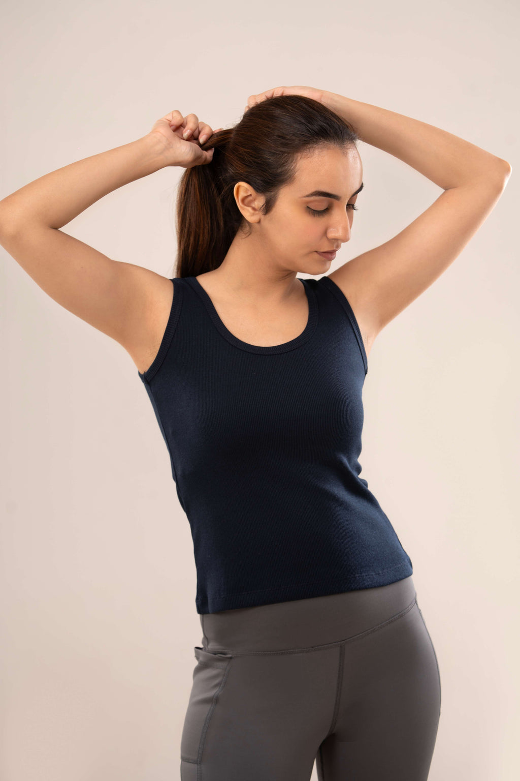 Navy Low Neck Ribbed Tank Top
