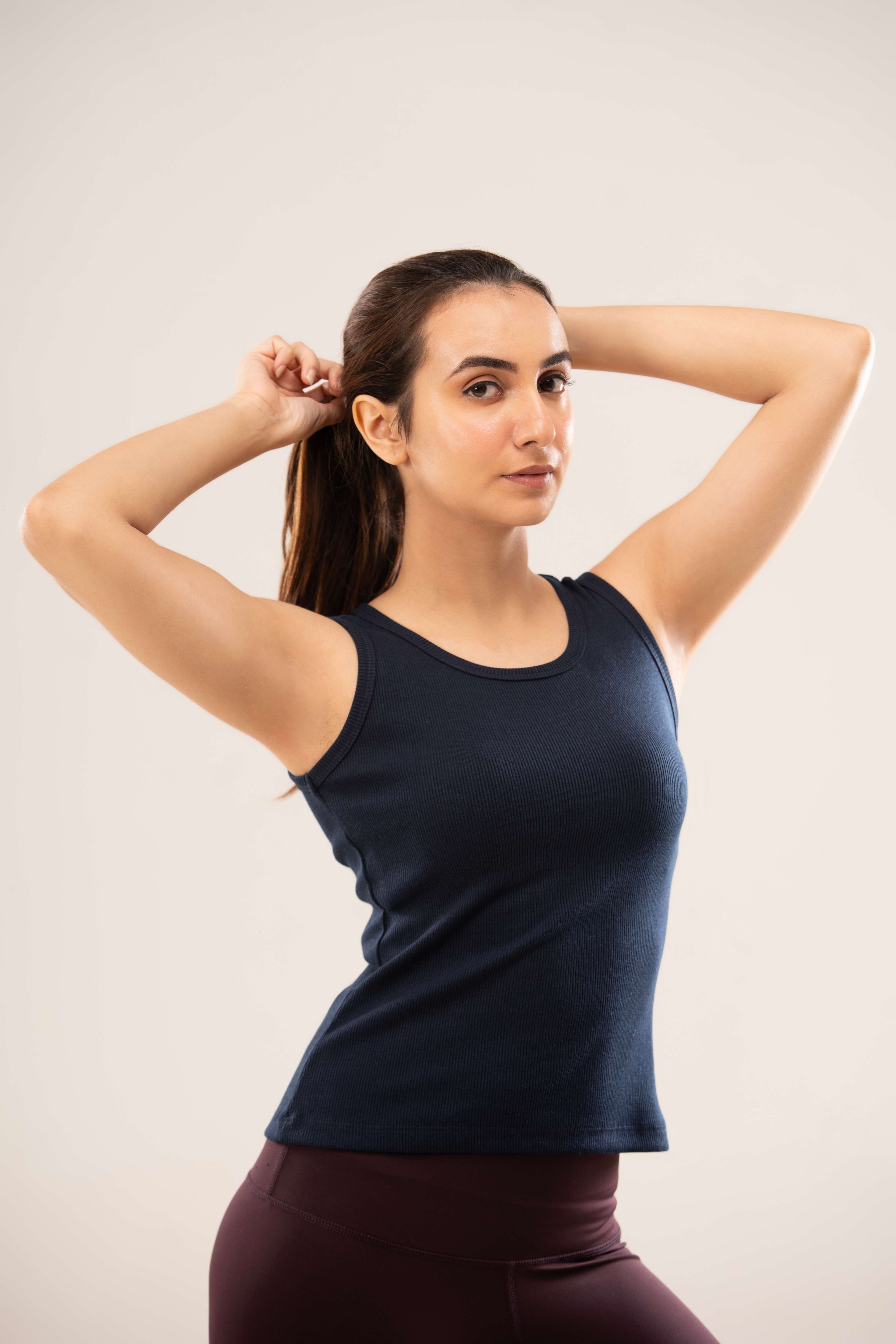 Navy Crew Neck Ribbed Tank Top
