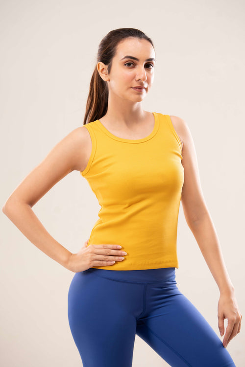 Mustard Crew Neck Ribbed Tank Top