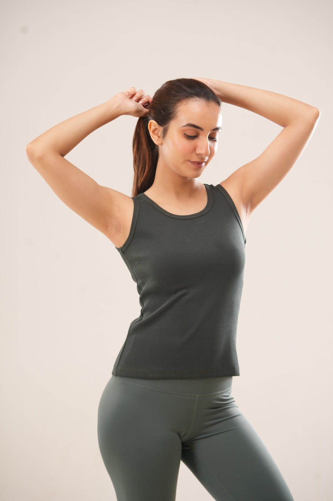 Olive Ribbed Crew Neck Tank Top