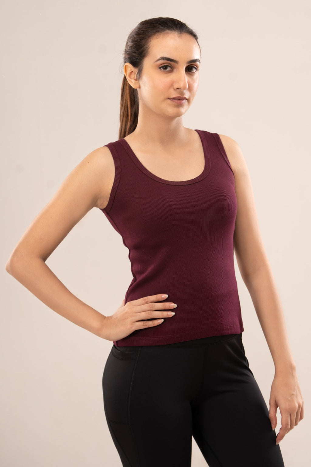 Wine Low Neck Ribbed Tank Top
