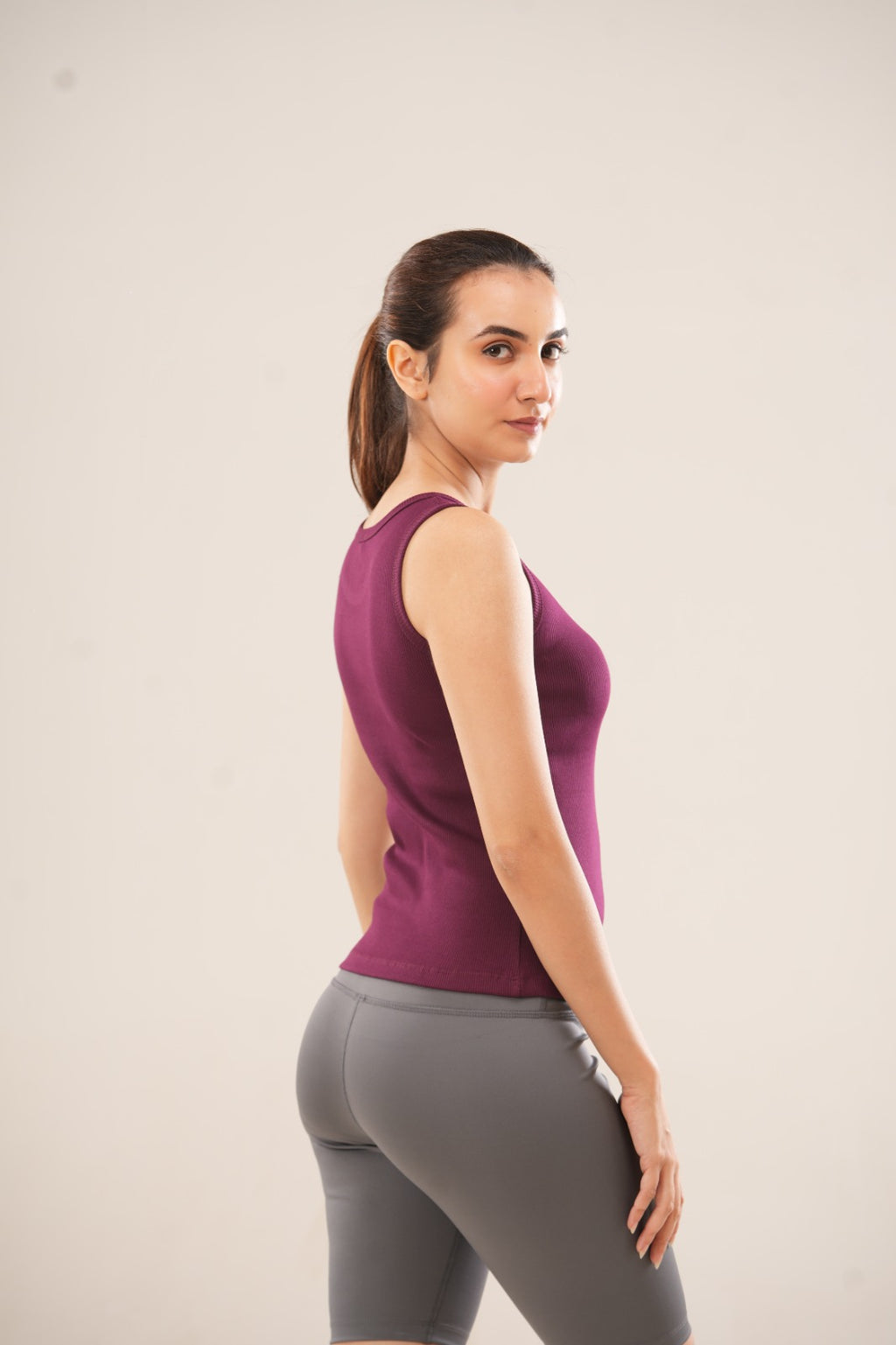 Wine Crew Neck Ribbed  Tank Top