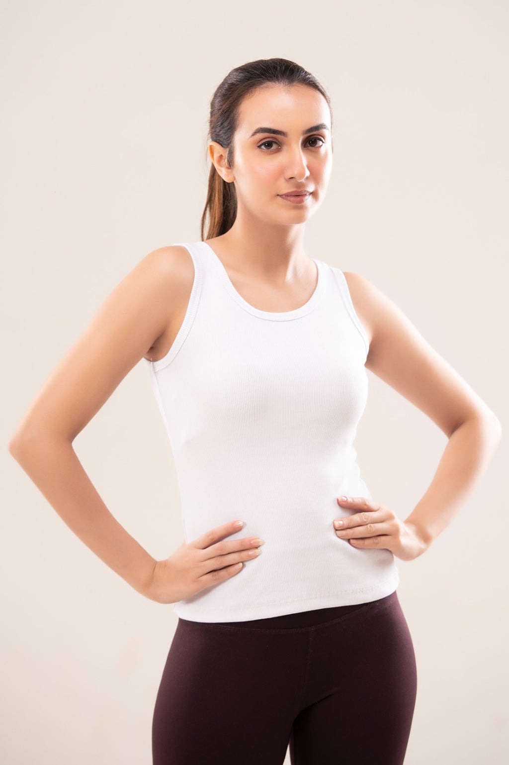 White Crew Neck Ribbed Tank Top