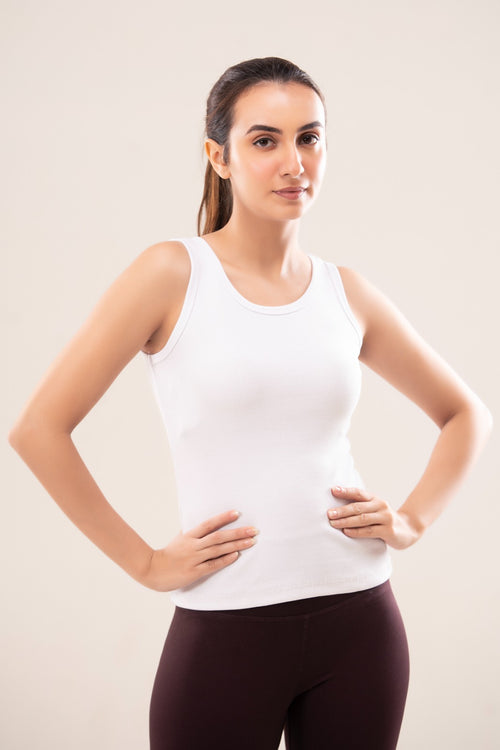 White Crew Neck Ribbed Tank Top