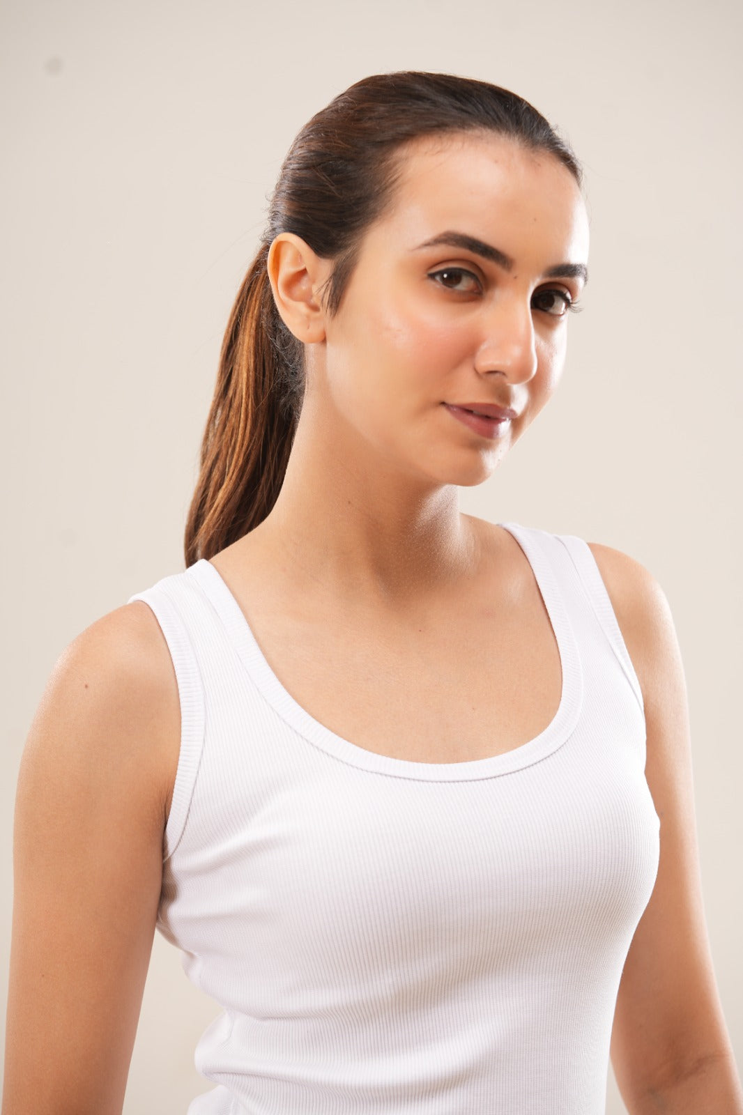 White Low Neck Ribbed Tank Top